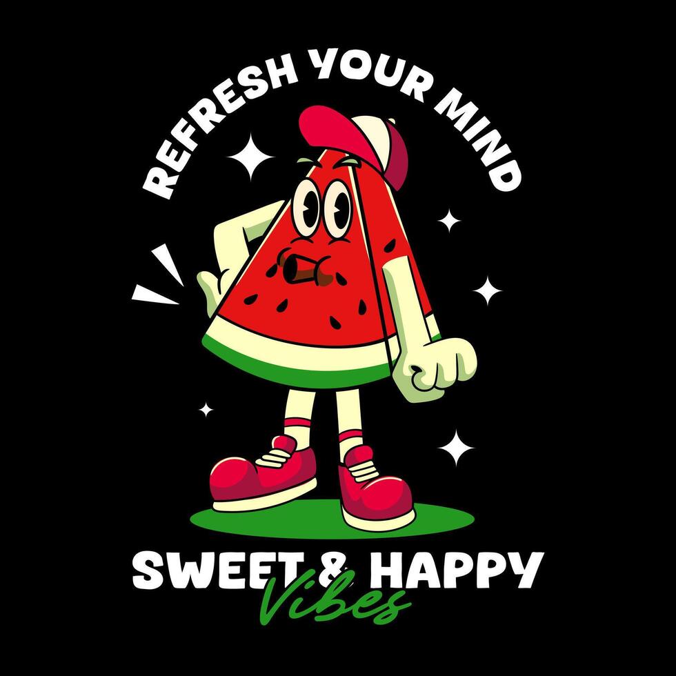 Happy Watermelon Tropical Summer Vibes Cartoon Character in Retro Style vector
