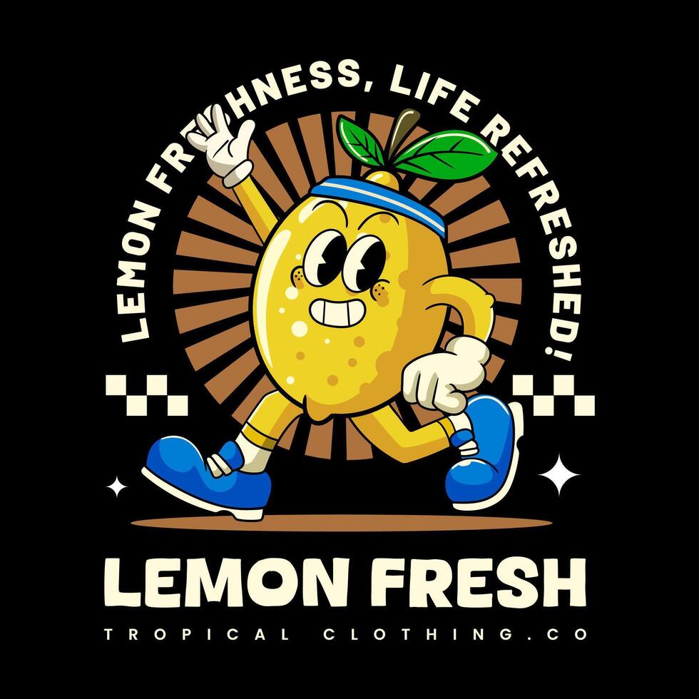 Happy Lemon Tropical Summer Vibes Cartoon Character in Retro Style vector