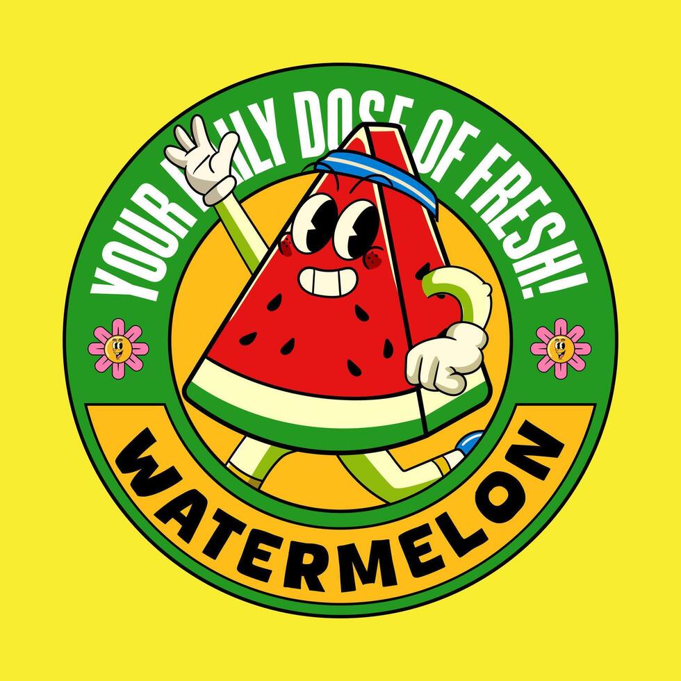 Happy Watermelon Tropical Summer Vibes Cartoon Character in Hippie Style vector
