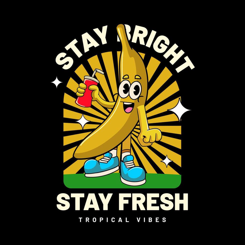 Cute Banana Tropical Summer Vibes Cartoon Character in Retro Style vector