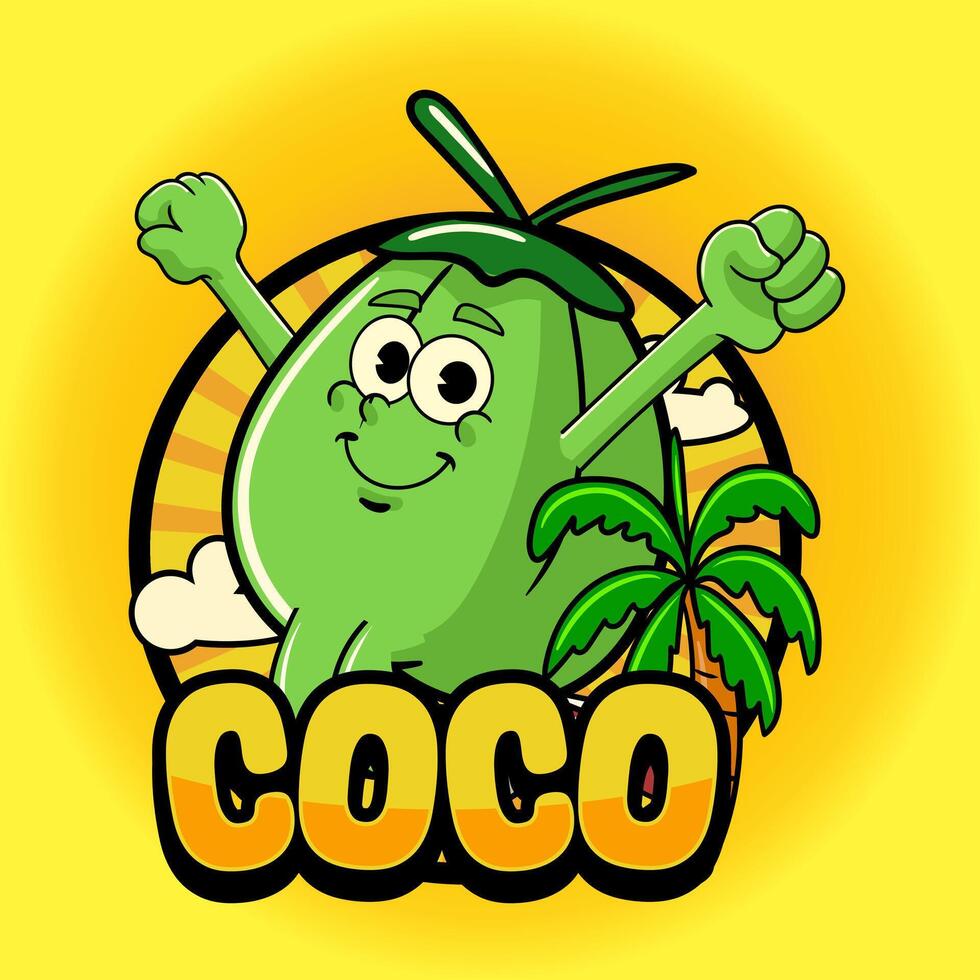 Cute Coconut Tropical Summer Vibes Cartoon Character in Vintage Style vector