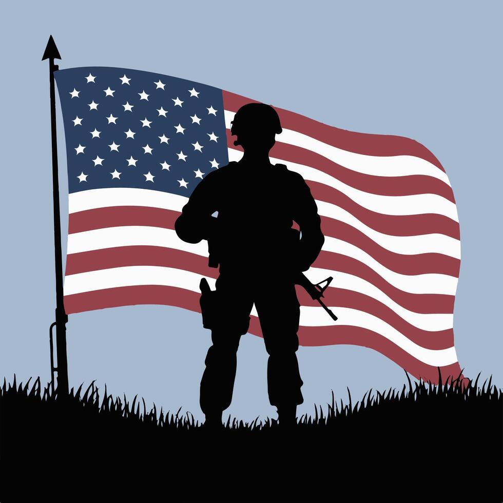 Patriotic Soldier Silhouette with USA Flag on Illustration vector