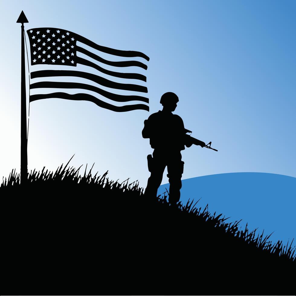 Patriotic Soldier Silhouette with USA Flag on Hill Illustration vector