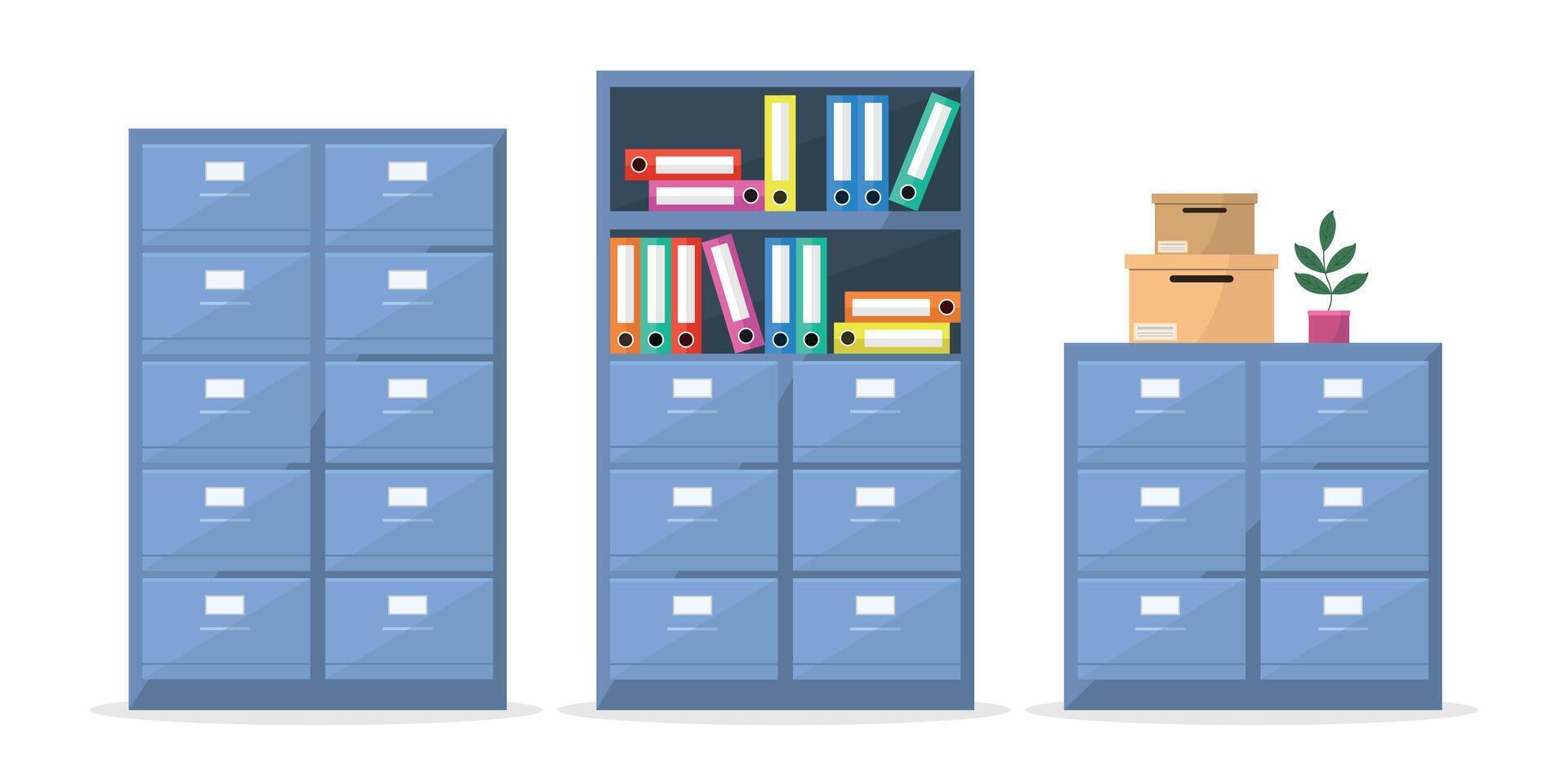 Set of office cabinet icons with files and folders on white background. vector
