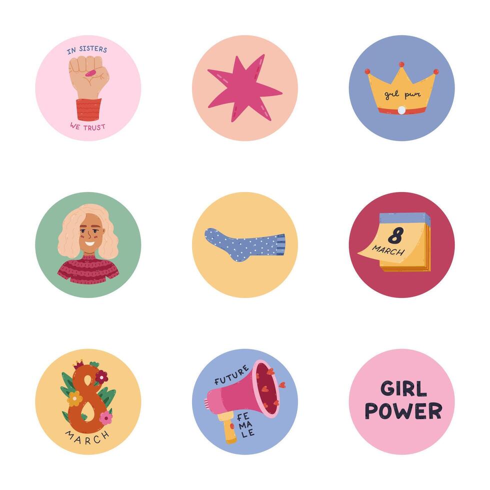 Lovely cartoon round highlight icon with women empowerment clipart for different social media, blogs, business, branding. Cover stories icons with lady portrait, crown, feminism symbol in warm colors vector