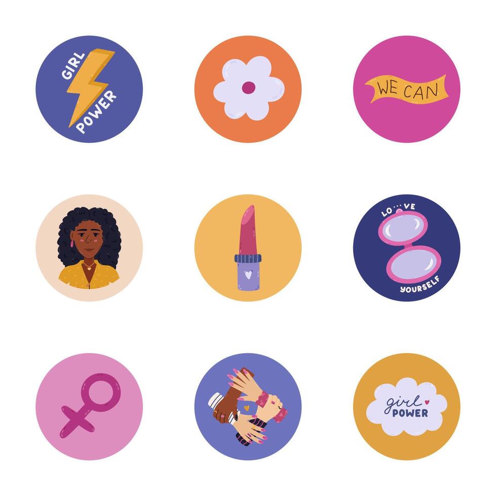 Lovely cartoon round highlight icon with feminism movement clipart for social media, blogs, business, branding. Cover stories icons with girl portrait, crown, lightning, lipstick in bright colors vector