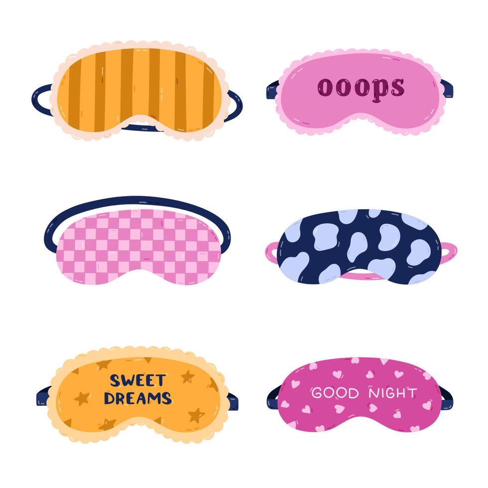 Lovely cartoon sleeping mask set with line, cow pattern, check ornament, Sweet Dreams lettering. Funny hand drawn girlish eye mask for perfect rest. Patterned bedding accessory isolated on white. vector