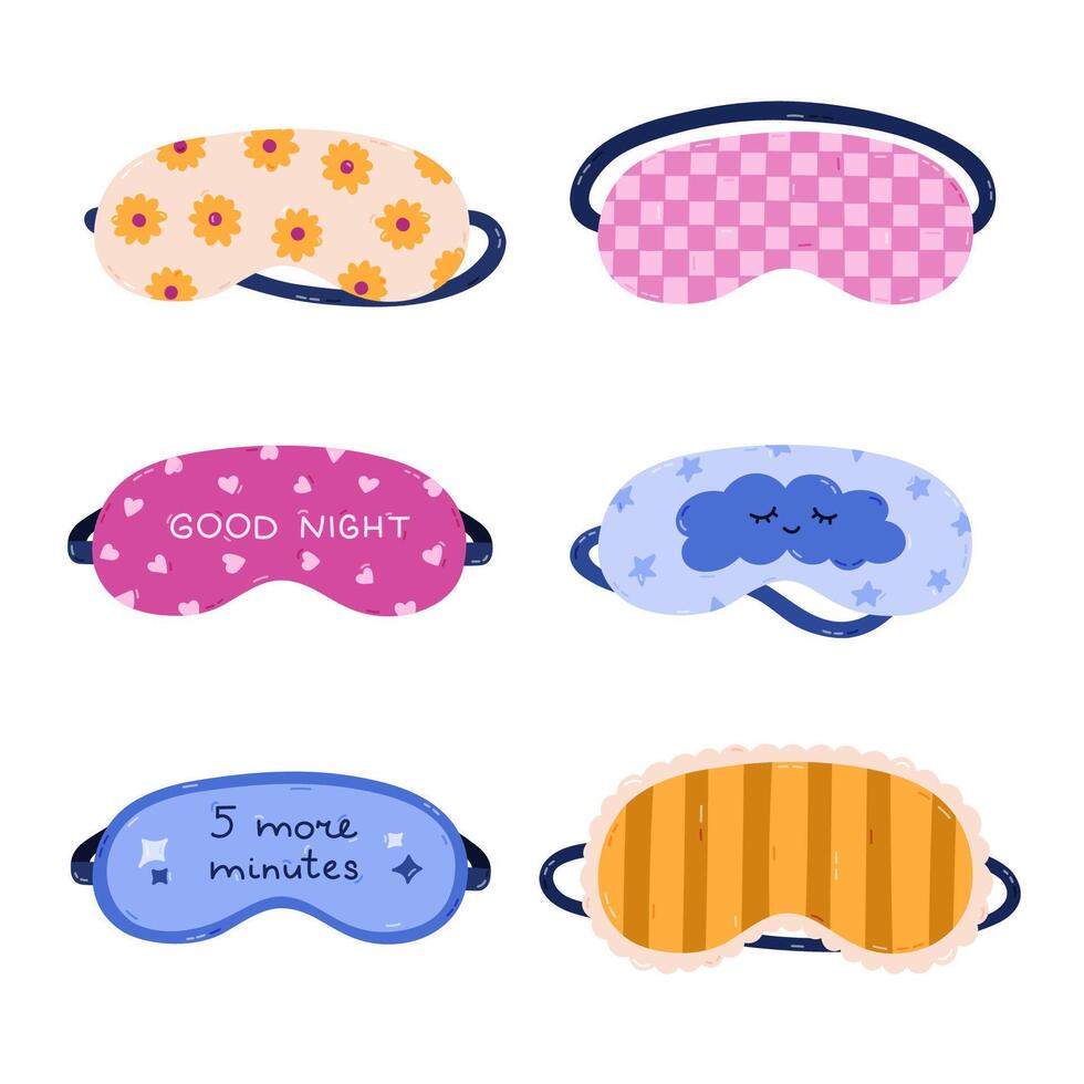 Lovely cartoon sleeping mask set with checkered pattern, sunflower, Good Night lettering, childish cloud, Funny hand drawn girly eye mask for sweet dreams. Decorated bedtime accessory isolated. vector