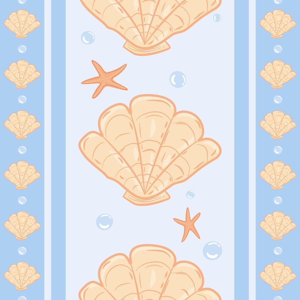 SeaShell Starfish and Pearl Icon of The Sea. Beach Vibe Seamless Stripe Pattern for All Decoration Fabric Print SeaShell Starfish and Pearl Icon of The Sea. Beach Vibe Seamless Stripe Pattern. vector
