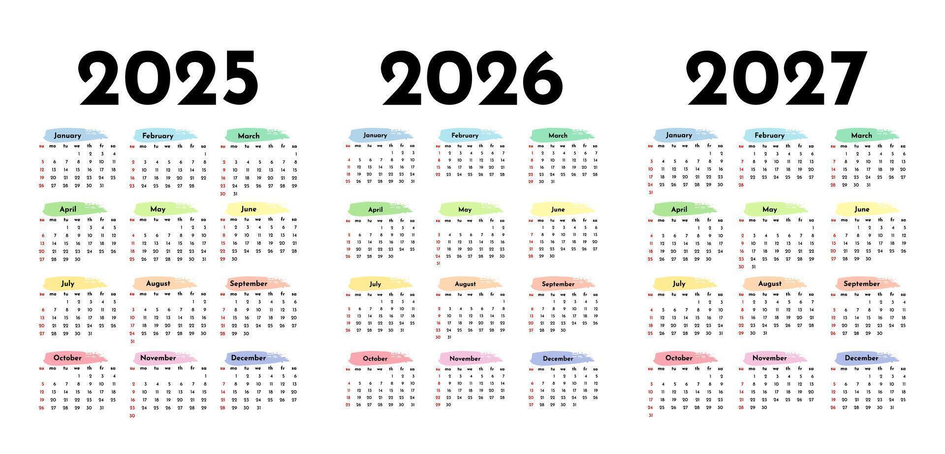 Set of three vertical calendars for 2025, 2026 and 2027 isolated on a white background. Sunday to Monday vector