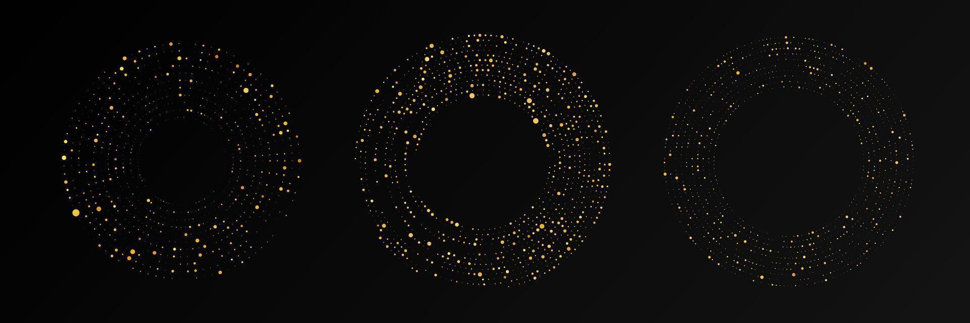 Abstract gold glowing halftone dotted background. Set of three gold glitter patterns in circle form. Circle halftone vector