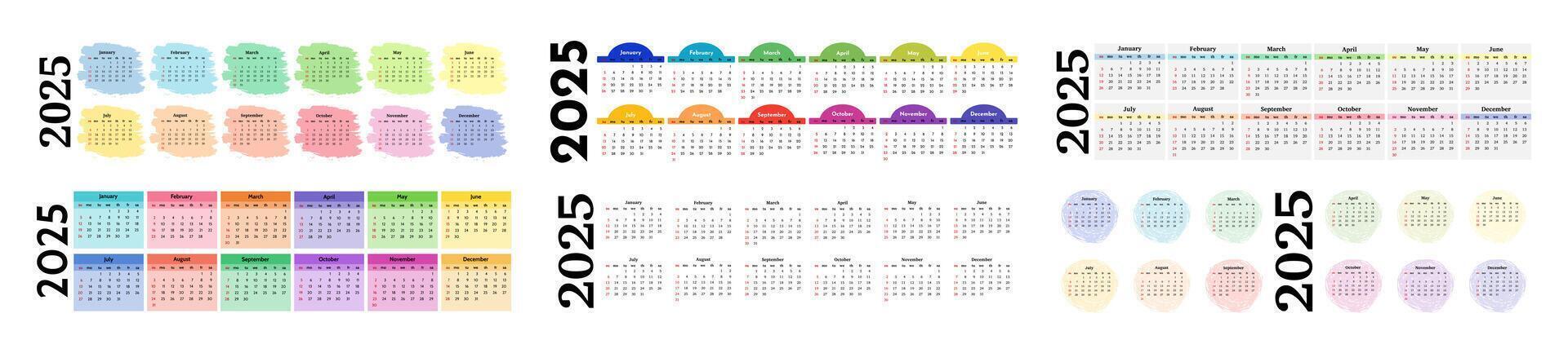 Set of six horizontal calendars for 2025 isolated on a white background. Sunday to Monday, template. illustration vector