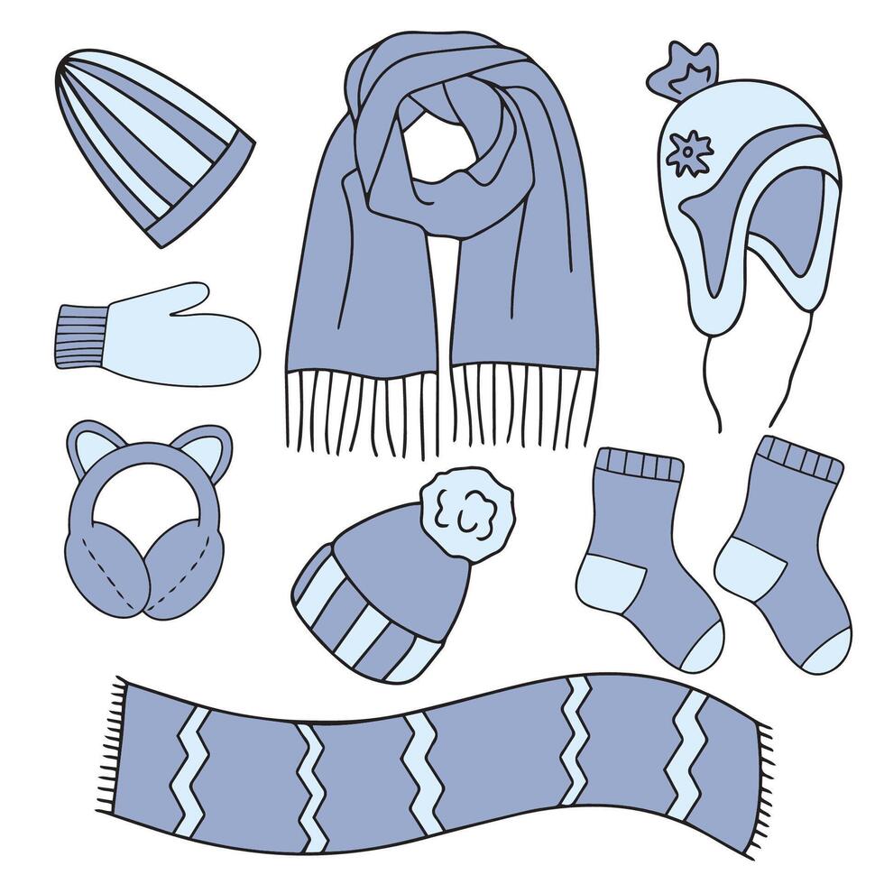 collection of warm autumn-winter clothes. Seasonal design elements. Knitted accessories. illustration vector