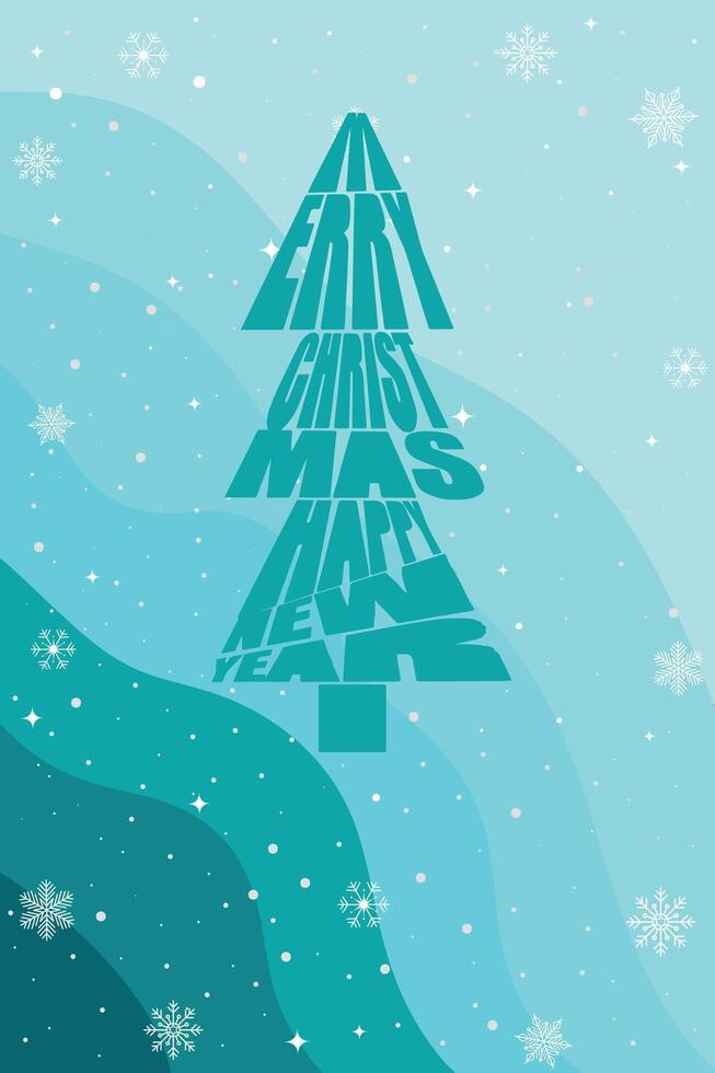 The inscription Merry Christmas and Happy New Year in the form of a Christmas tree. Christmas background with handwritten typography and snowflakes. vector