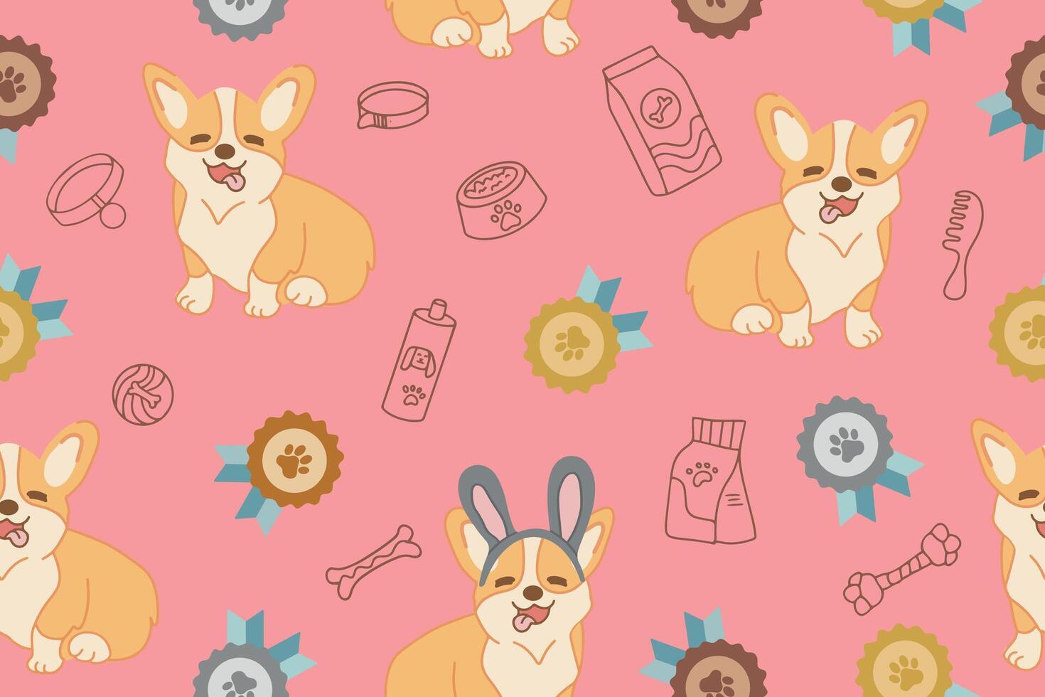 Seamless pattern with cute corgi dogs, food and dog accessories. illustration vector