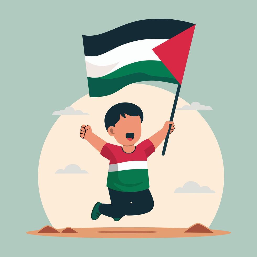 Illustration of a Child Cheerfully Raising the Palestinian Flag vector