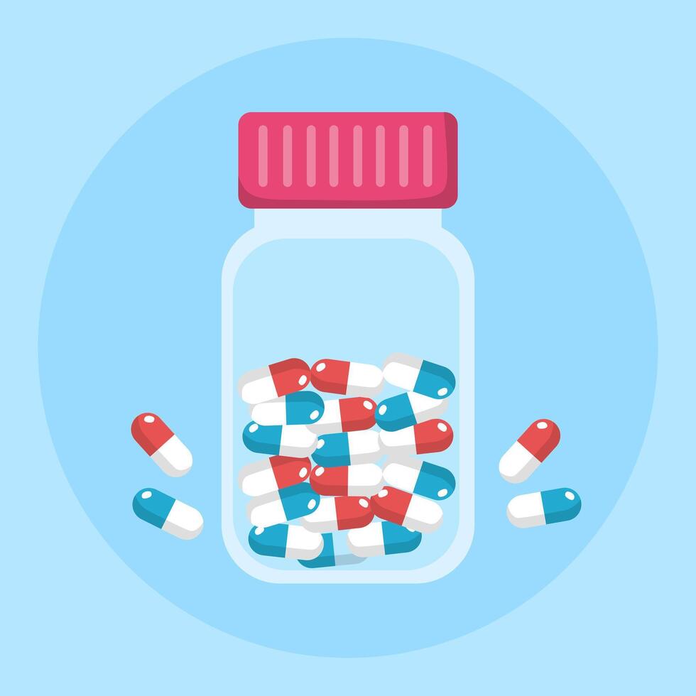 Illustration of a bottle with many pills inside vector