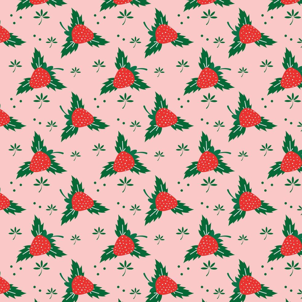 pattern with strawberries and leaves on a pink background. vector