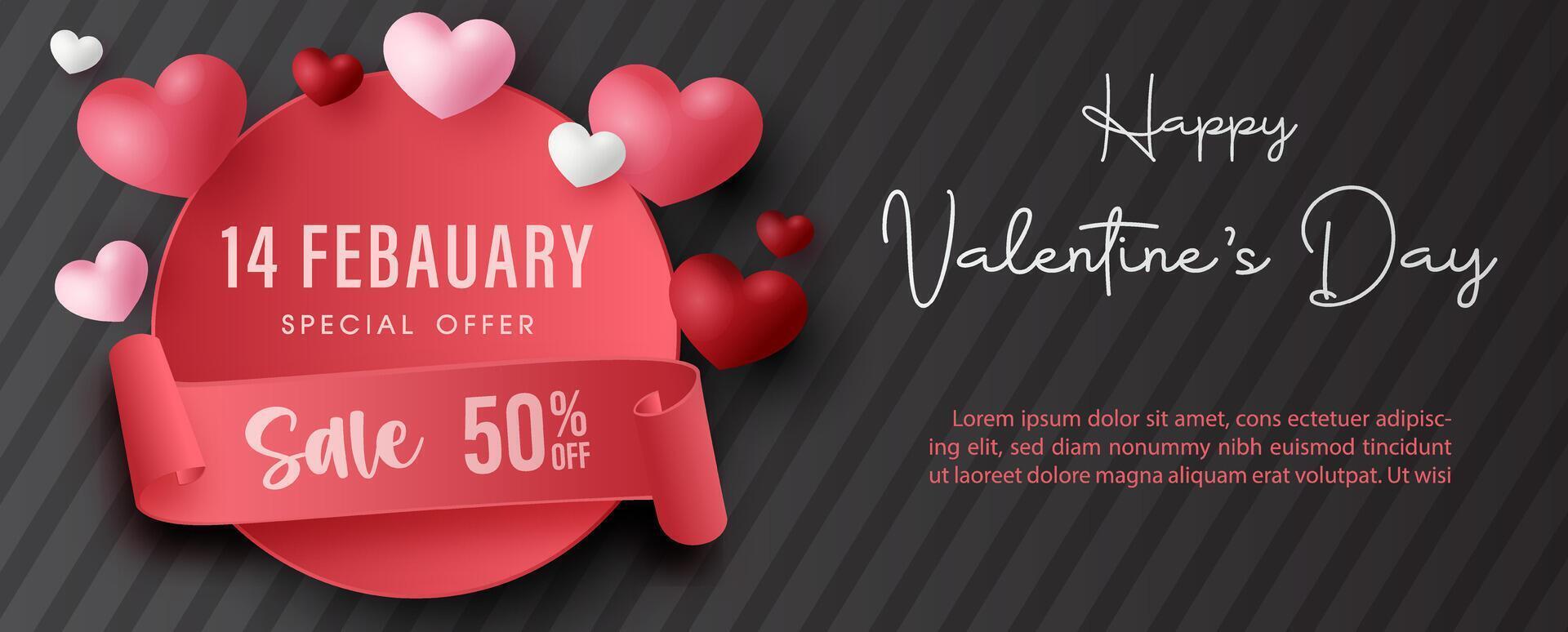 Valentine's day celebration poster advertising design with balloons in hearts shape flying on ribbon and circle banner, Valentine's day sale wording, example texts on black background. vector