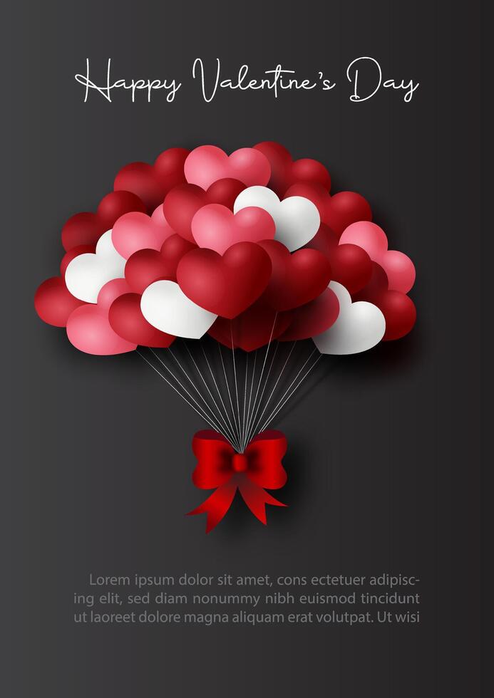 Valentine's day celebration greeting card and poster with party balloons in hearts shape and red bow, Valentine's day wording, example texts on black background. vector