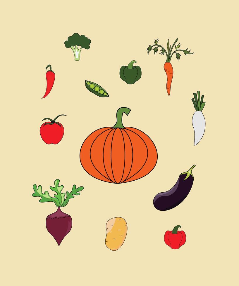 Set of illustrations of vegetables of traditional food vector