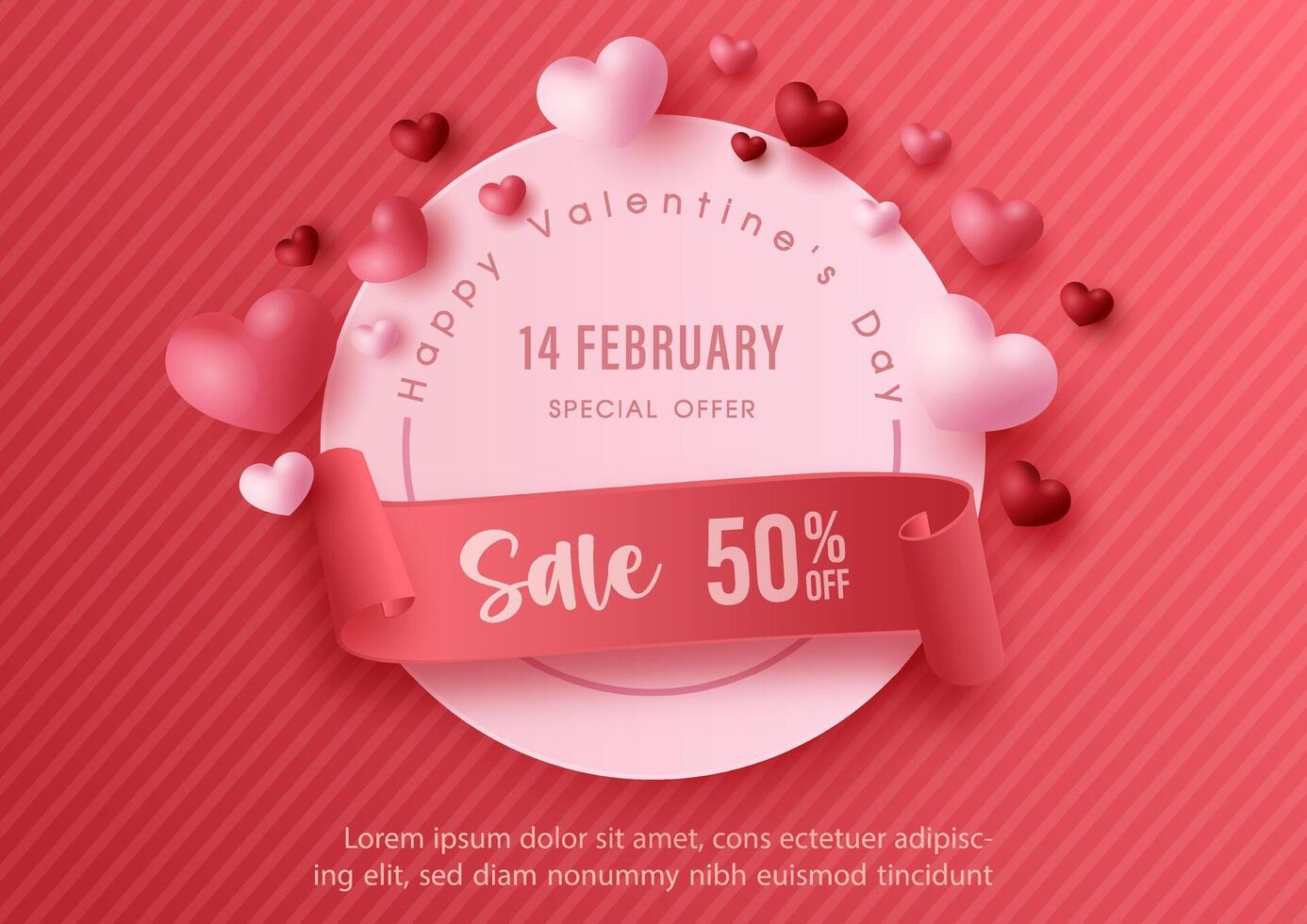 Valentine's day celebration poster advertising design with balloons in hearts shape flying on ribbon and circle banner, Valentine's day sale wording, example texts on red background. vector