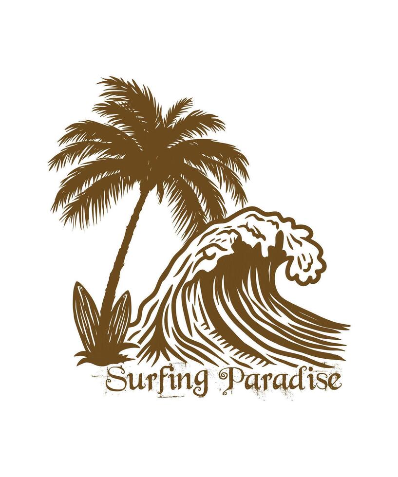 Surfing paradise summer beach silhouette t shirt design vector
