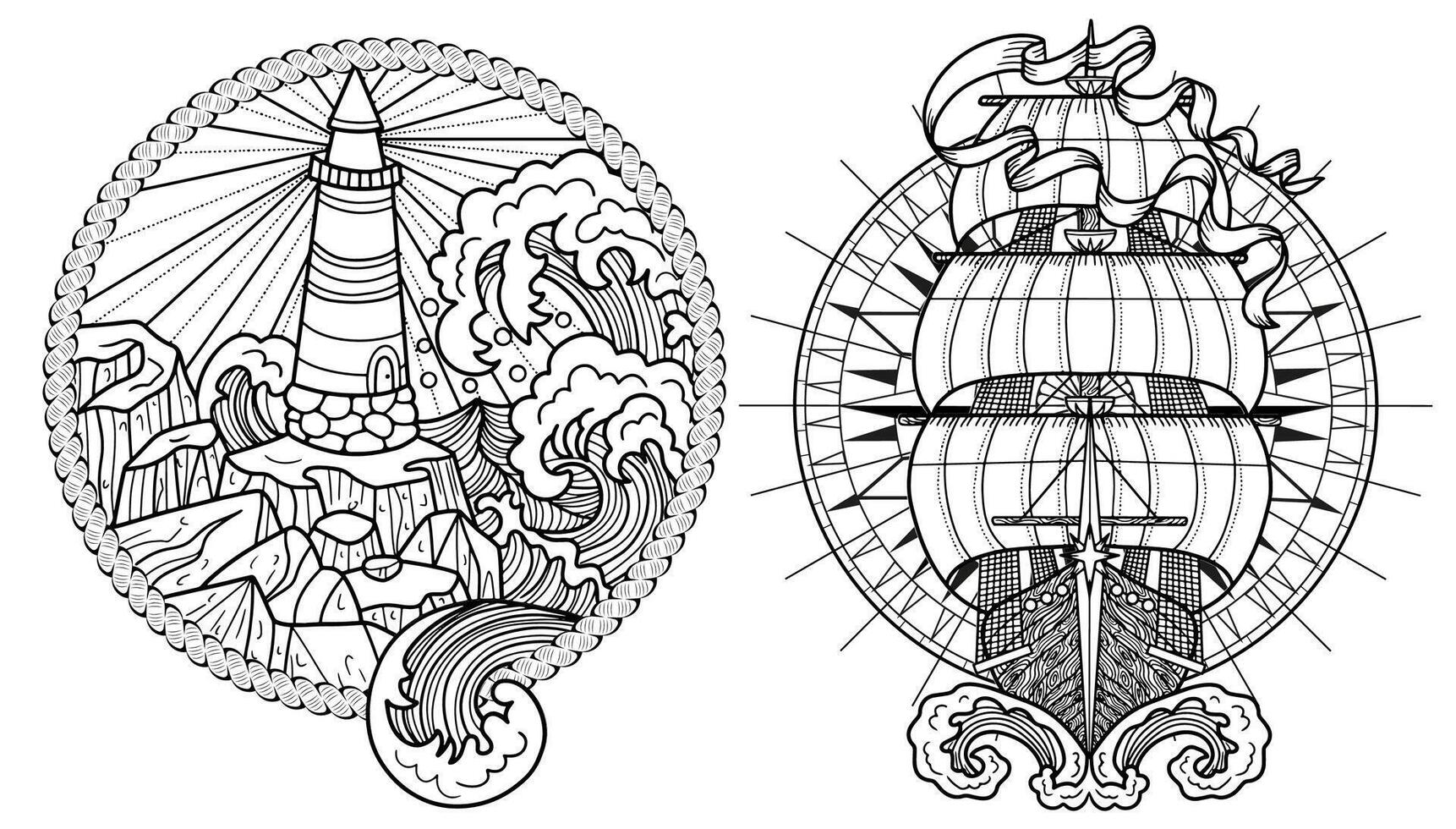 Design set with line art emblems of light house in storm and antique sailboat with compass. Vintage transportation and old adventures concept isolated on white. vector
