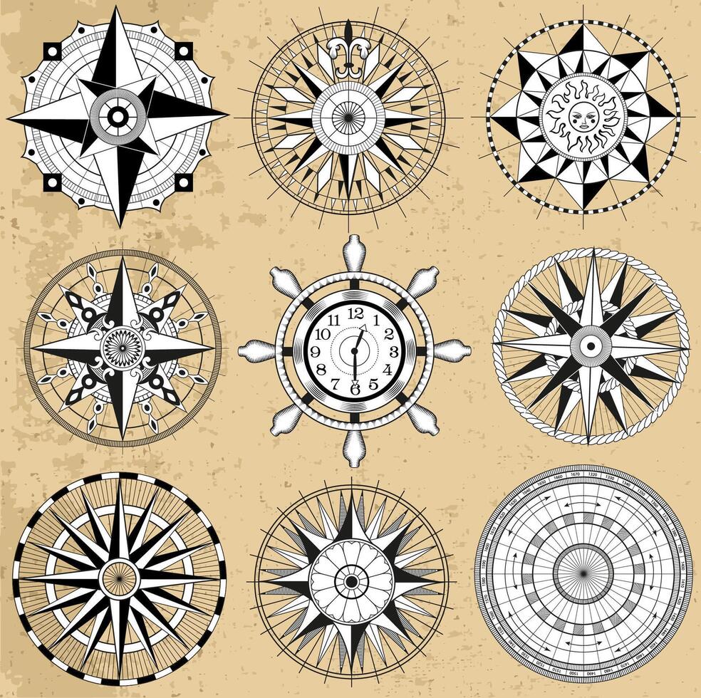 Design set with line art old compasses or rose winds with decorative elements, arrows and patterns. Vintage transportation and old adventures concept isolated on white. vector