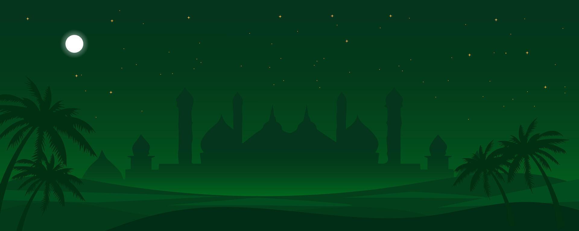 islamic banner background mosque with palm trees and moon in the night vector