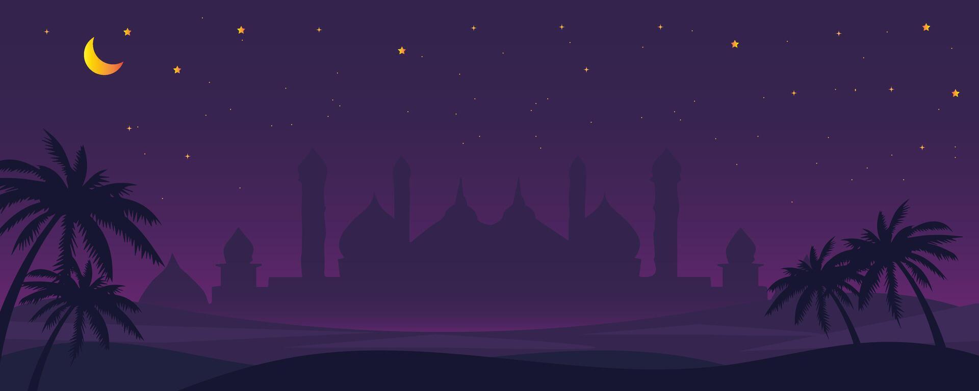 islamic banner background with palm trees and a mosque on purple color vector