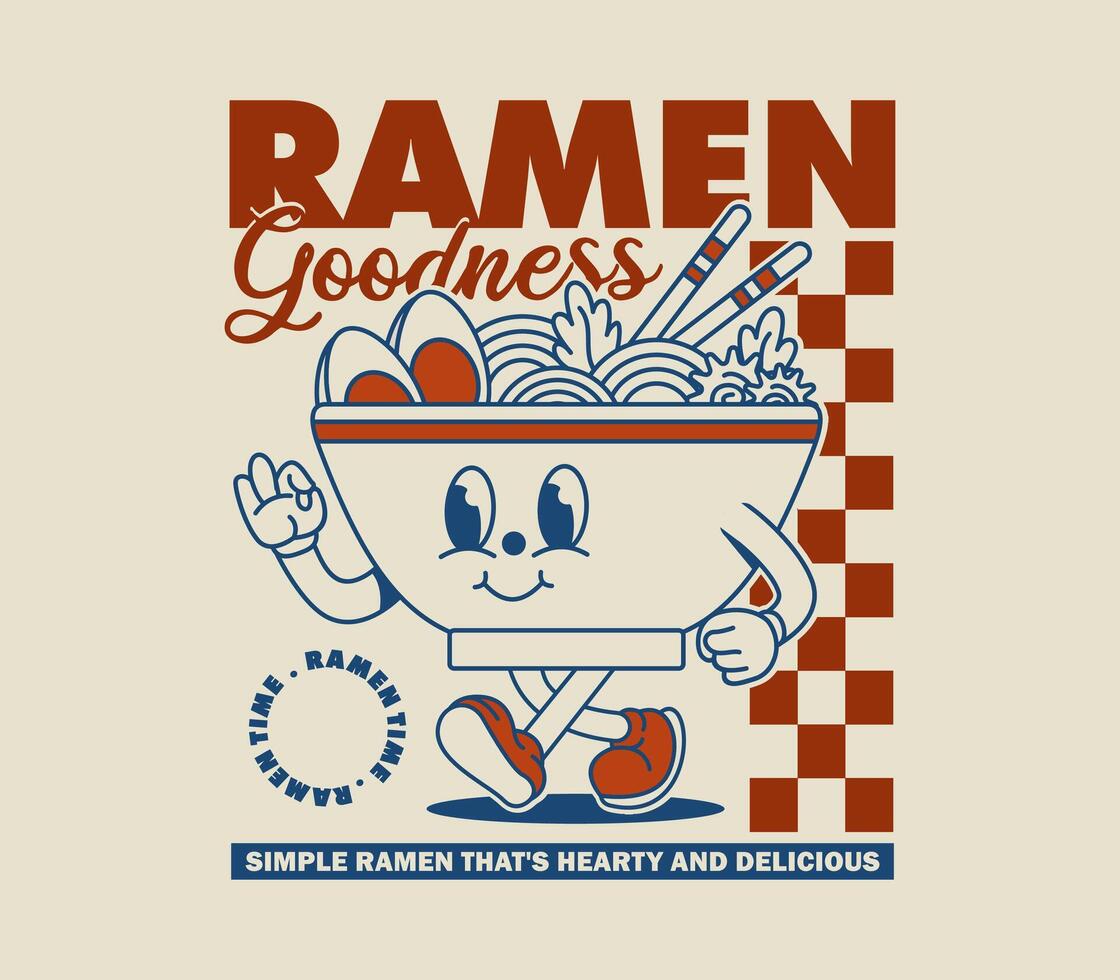 Retro ramen noodle cartoon character graphic design, perfect for graphic tees, t shirts, posters, stickers, merchandise, and more vector