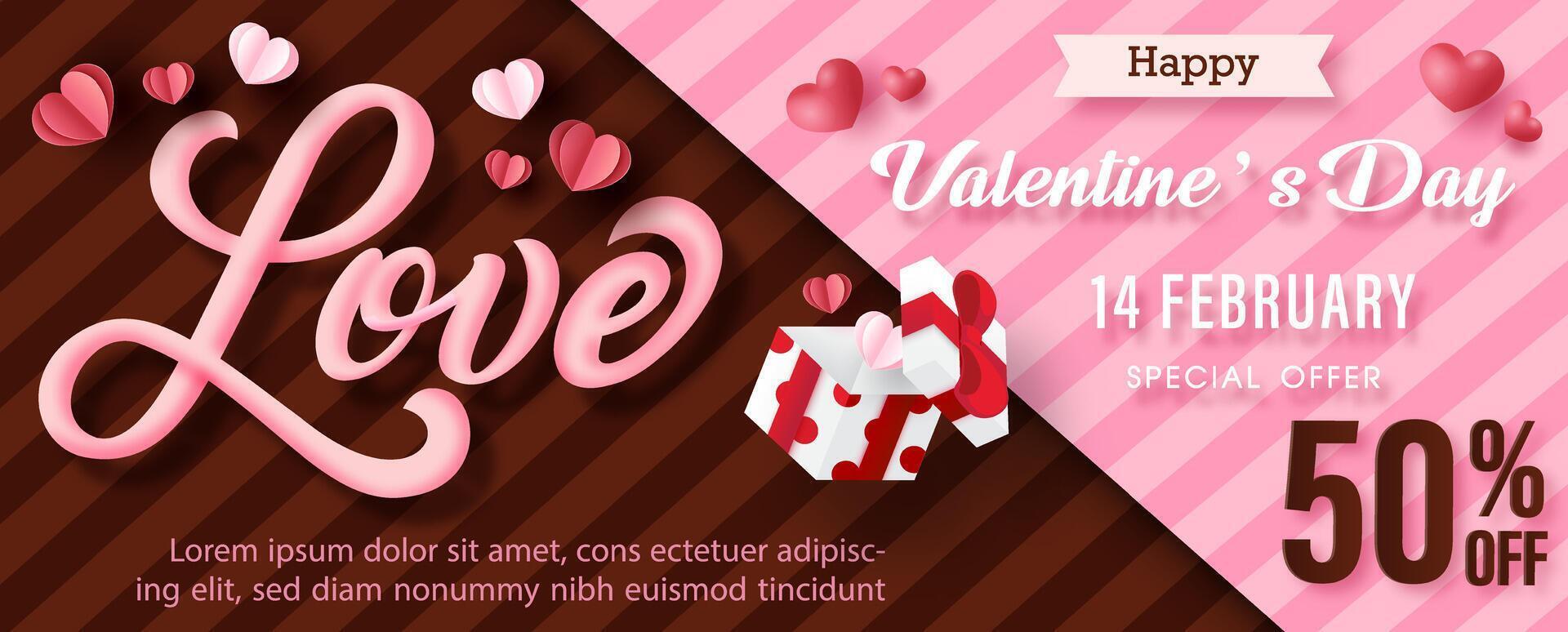 Valentine's day advertising sale poster design with gift box and flying pink hearts with Love and Valentine's day wording and example texts on pink and brown chocolate pattern background. vector