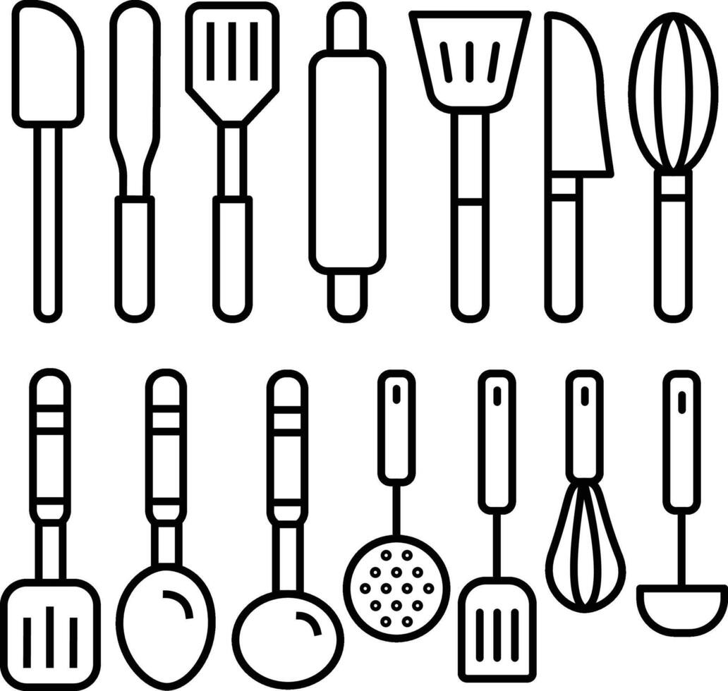 cooking icon utensils, various kinds for cooking utensils, icon black outline, spoon, spatula, mixer, ladle, rolling pin, knife vector