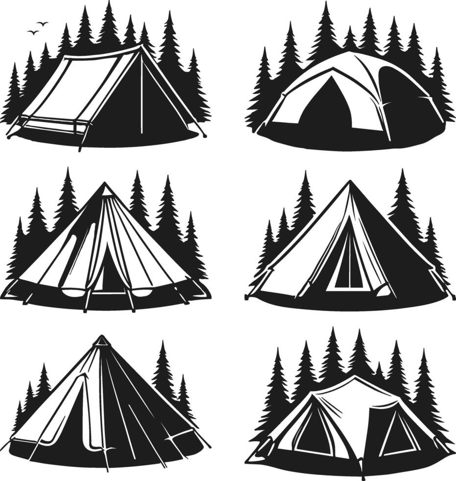 Collection of Camping Tents with Forest Silhouettes Illustration vector