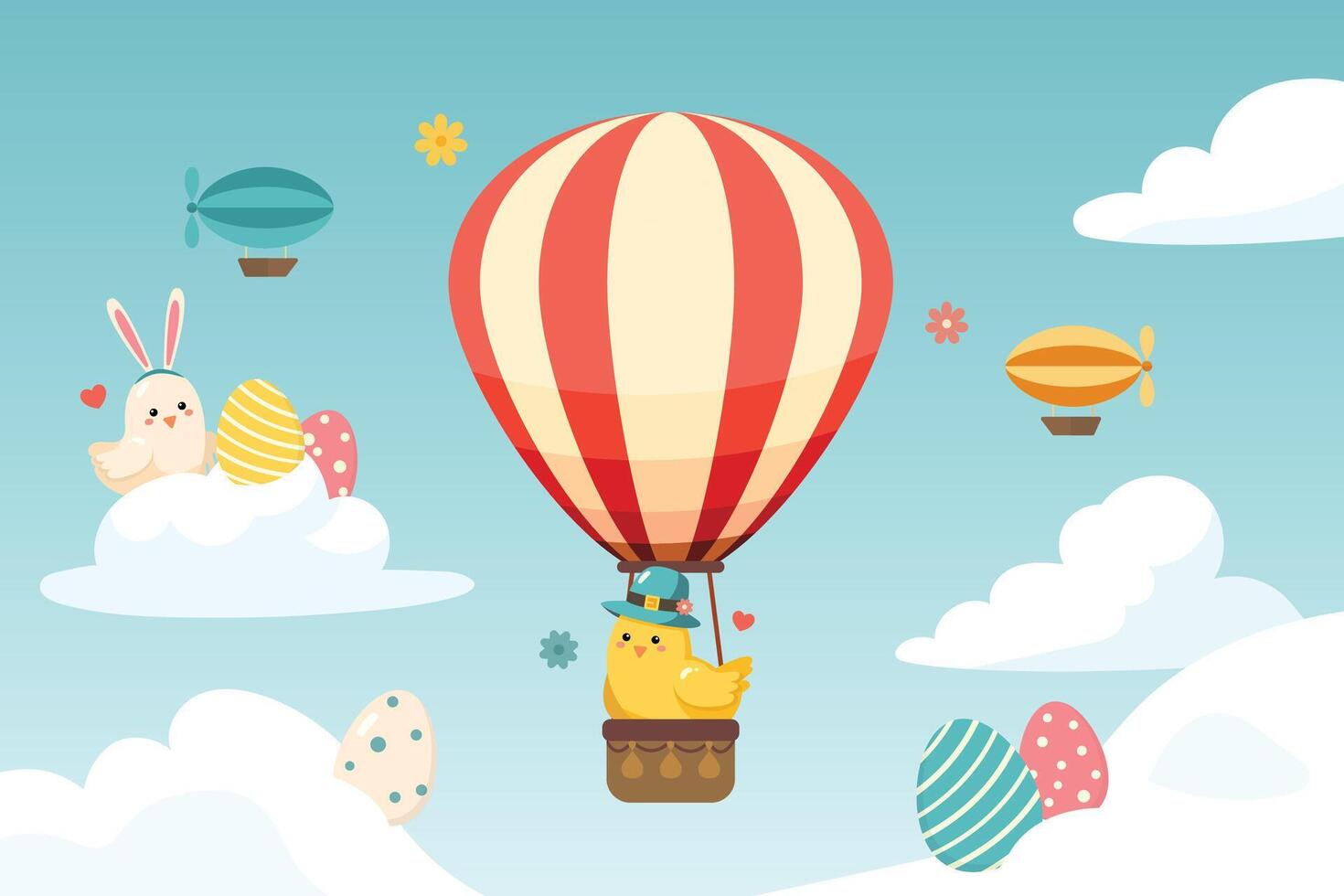 Baby chick flying on hot air balloon vector