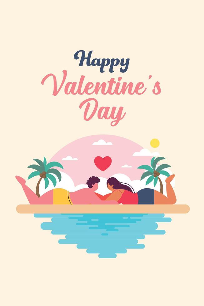 Couples in love on the beach valentines day poster vector