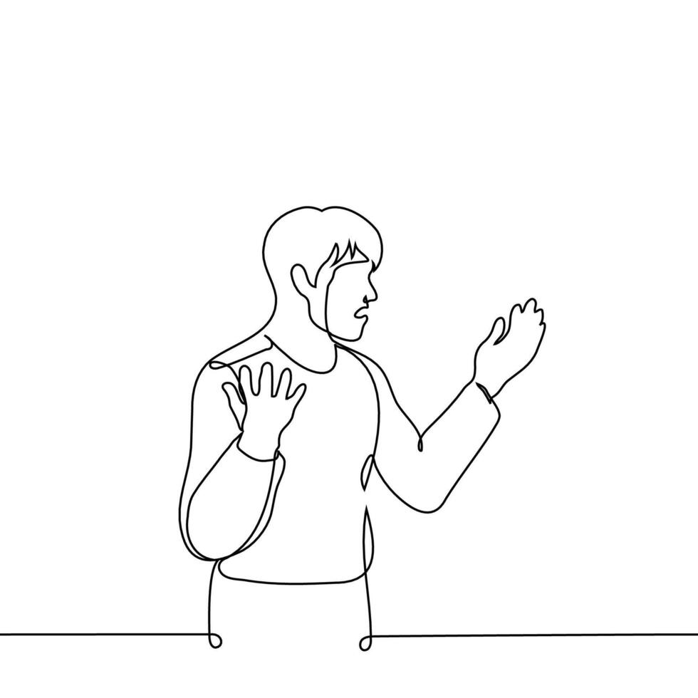 man standing indignant or shocked with mouth open and hands raised - one line art vector