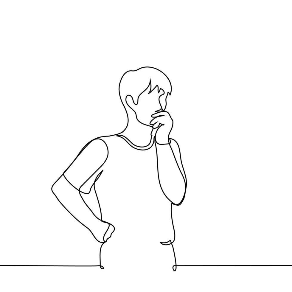 man standing thinking, hand on hip, other hand to mouth - one line art vector
