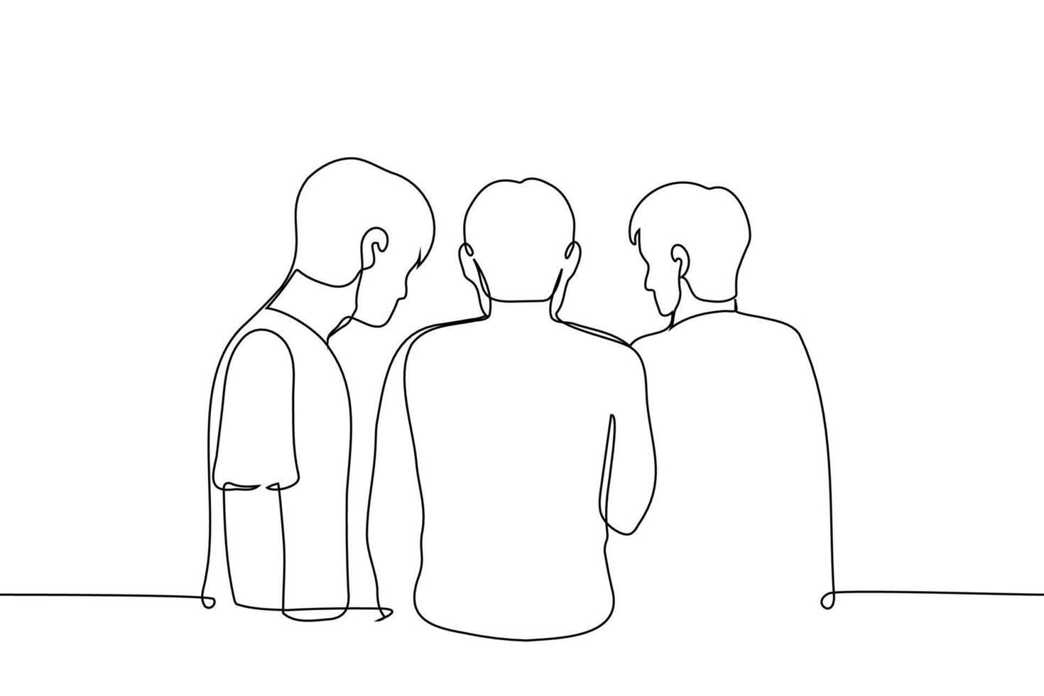 three male friends standing with their backs together whispering or looking at something - one line art vector