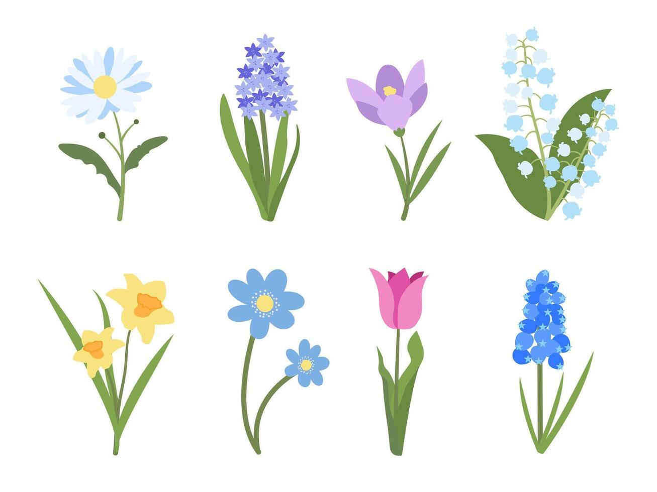 Spring Flat Flower Set. Collection of Simple Flower with Leave, Branche, Petal. Cute Modern Floral Element Isolated on White Background. Hand drawn blossom illustration for Wedding, Easter. vector
