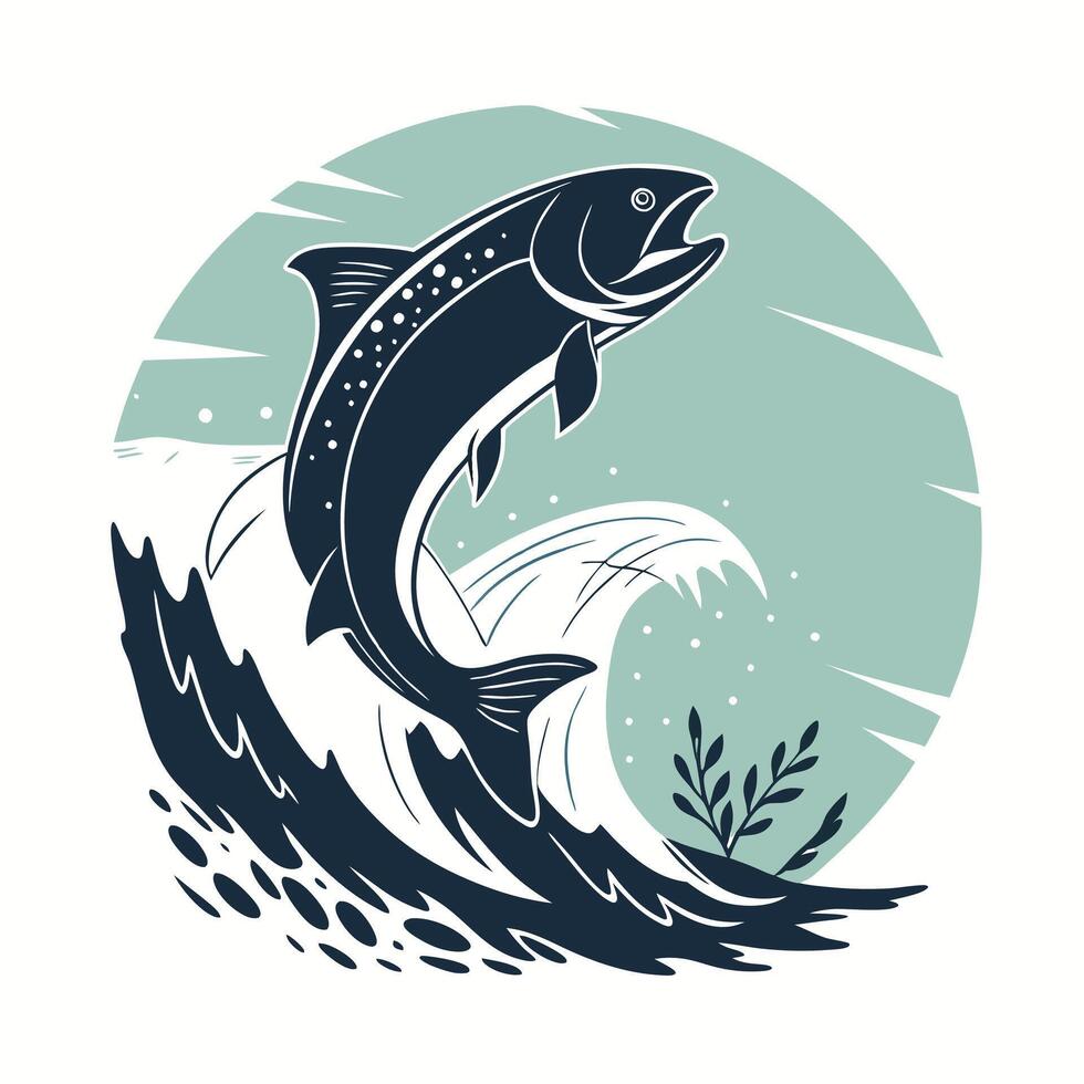 salmon jumping out of the water on a wave vector