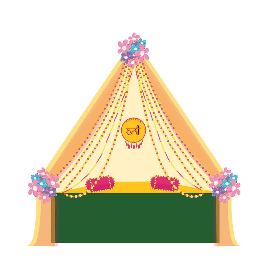 Haldi ceremony decorative setup yellow pink and green vector
