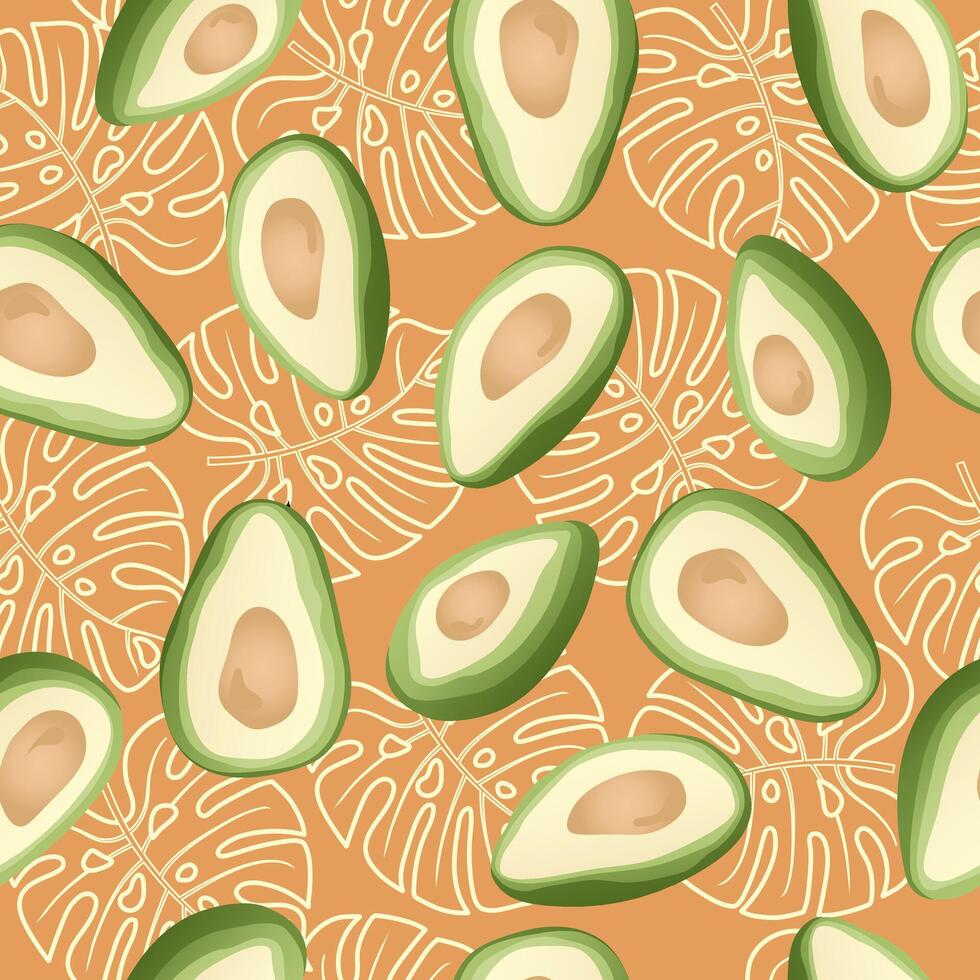 Seamless pattern with hand drawn avocado slice on beige background. Design for fabric, kitchen decor, wallpaper. vector