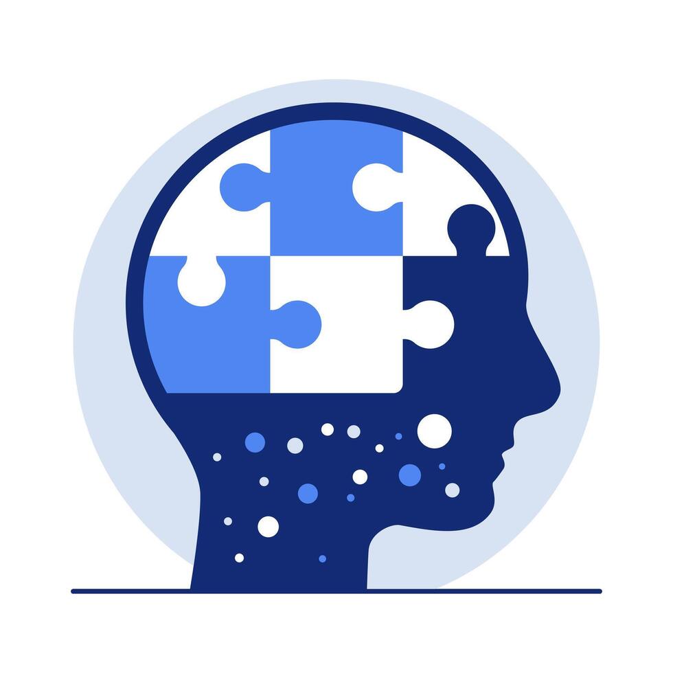 Human Head with Puzzle Pieces Representing Mental Health and Cognitive Thinking vector