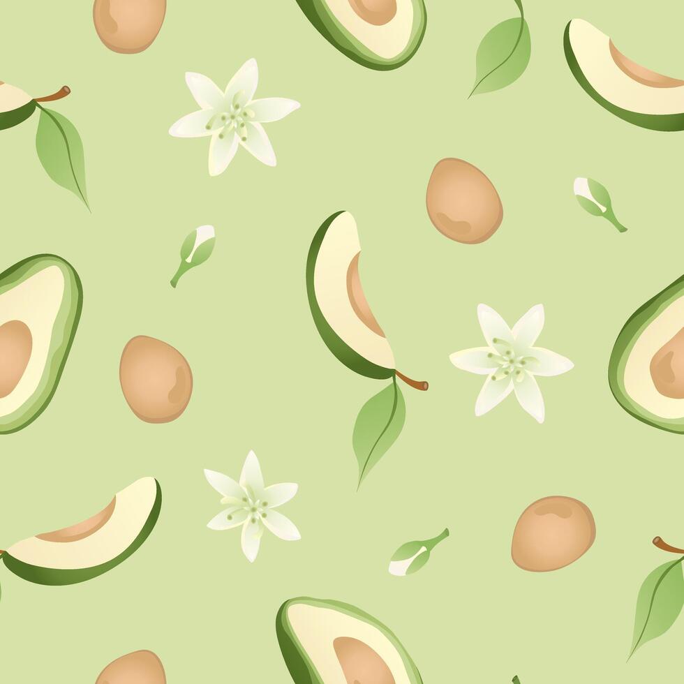 Seamless pattern with hand drawn green avocado halves. Fresh organic vegetable, healthy, vegan, raw food, for fabric, wallpaper, decorative paper and more. vector