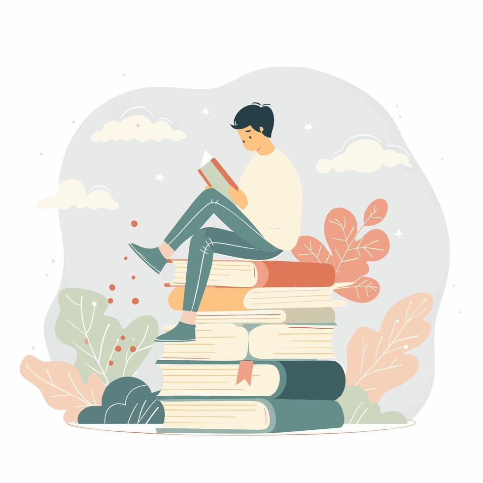 a man in white shirt reading on a pile of books vector