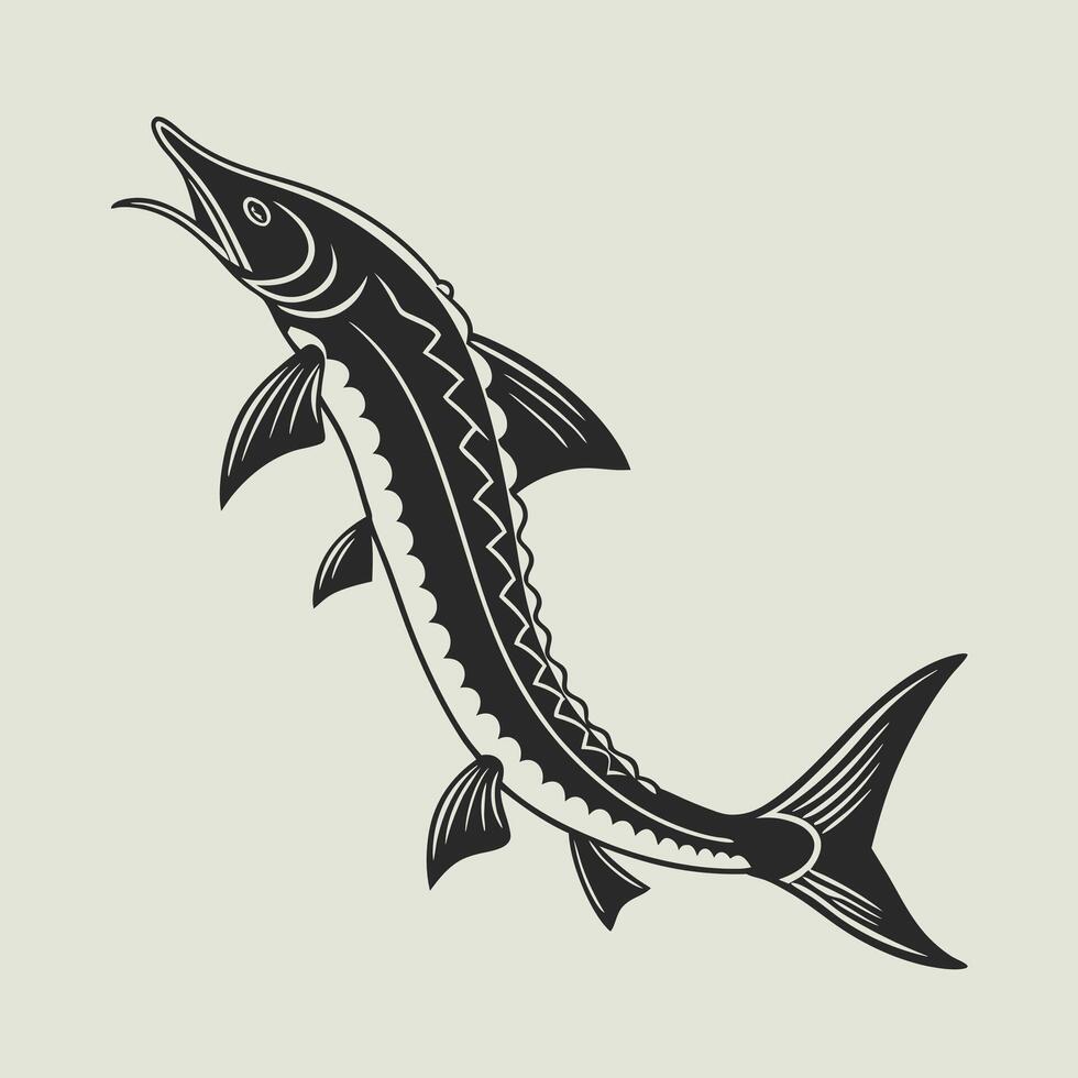 A black and white illustration of a lake Sturgeon fish vector