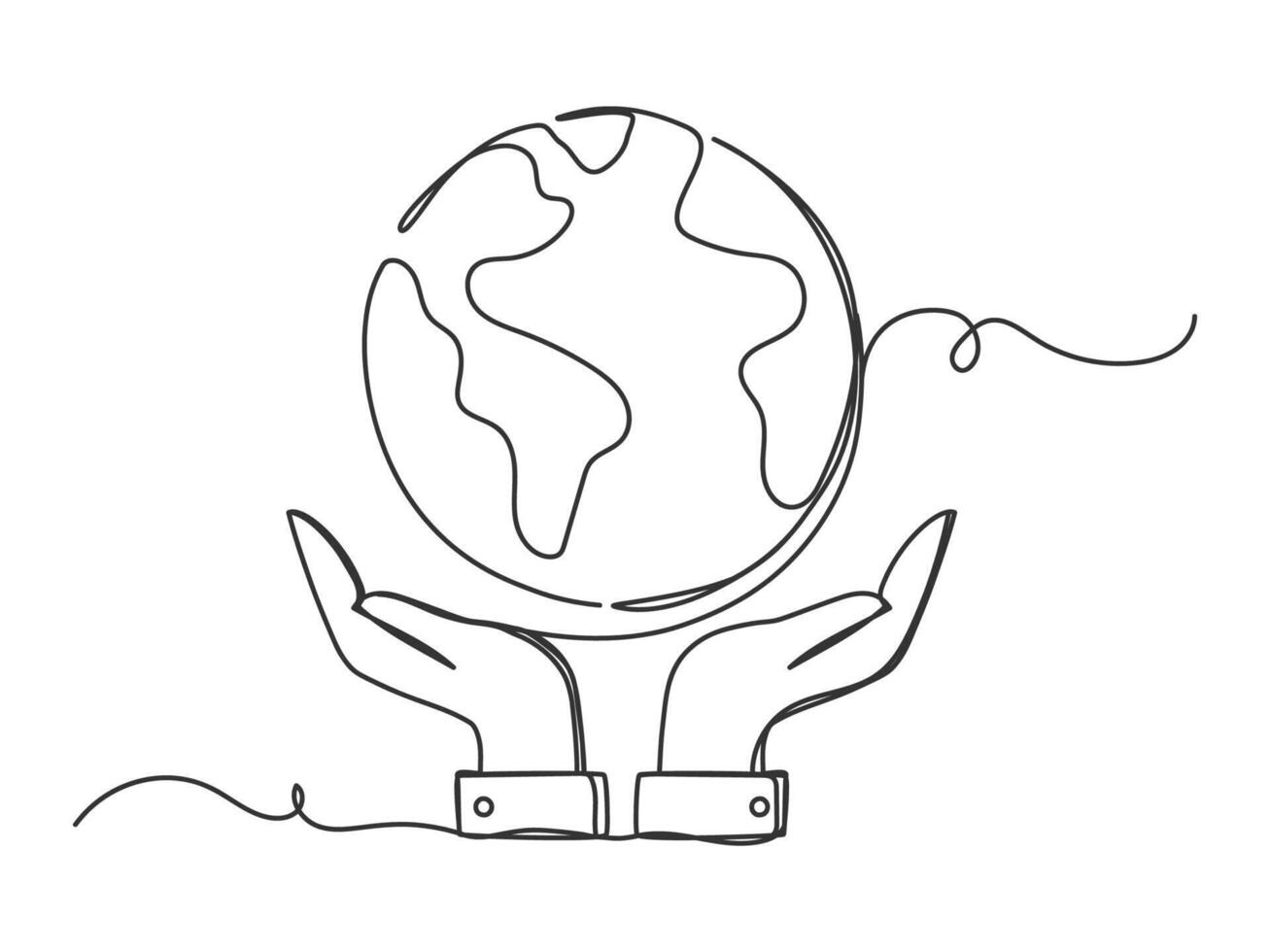 Continuous one line drawing of planet earth or globe on palm hand. vector