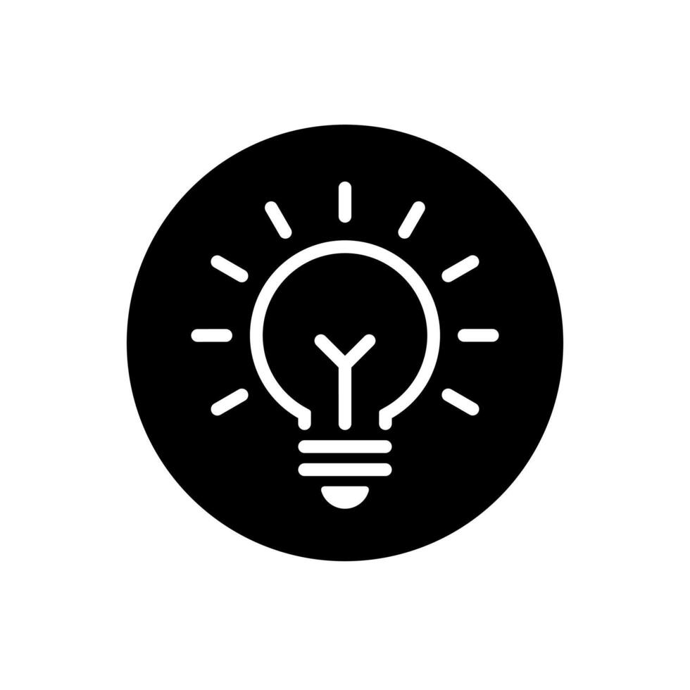 Light bulb, lamp outline icon on black circle. Insight, idea sign symbol vector